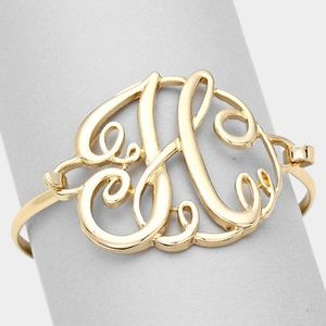 Gold H Monogram Curlicue Metal Round Classic Calligraphy Initial Hook Bracelet